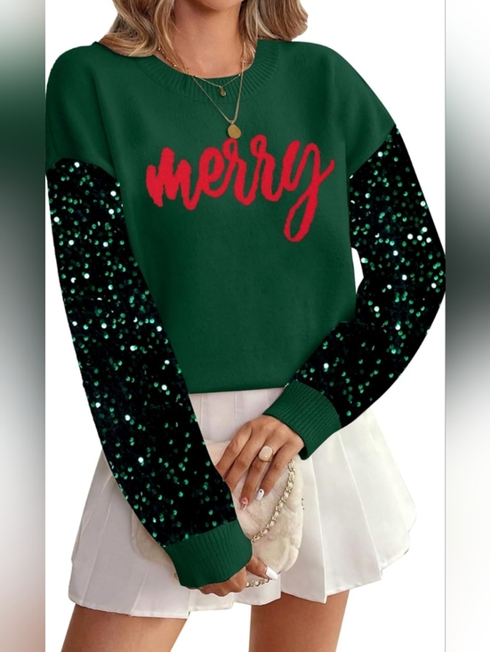 Vilove Sweaters - Christmas Sweater Merry Sequin Sleeve Mixed Media Crewneck Green and Red NWOT